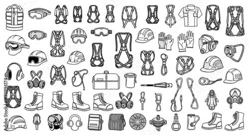 Collection of Safety Equipment and Tools for Construction and Industrial Work.