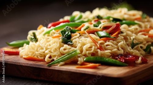 Freshly Cooked Noodles with Colorful Vegetables on a Wooden Surface in Natural Light, Perfect for Food Photography and Culinary Projects