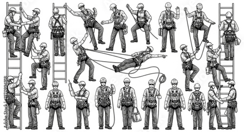 Collection of Safety Harness and Ladder Usage Illustrations.