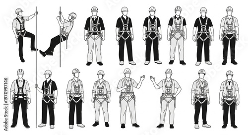 Collection of Safety Harness Illustrations for Industrial and Climbing Use.