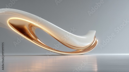 Abstract flowing shape in white and gold tones creating a sense of elegance and sophistication in a minimalistic setting on a gray background
