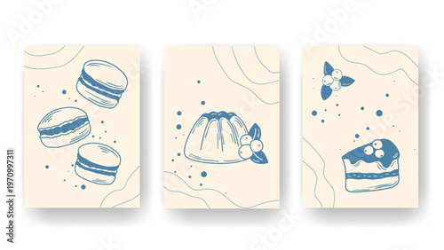 Set cards with sweet pastries and desserts in uniform style. Vertical template with hand-drawn treats. Poster, postcard, flyer, leaflet, brochure design. Vector graphics