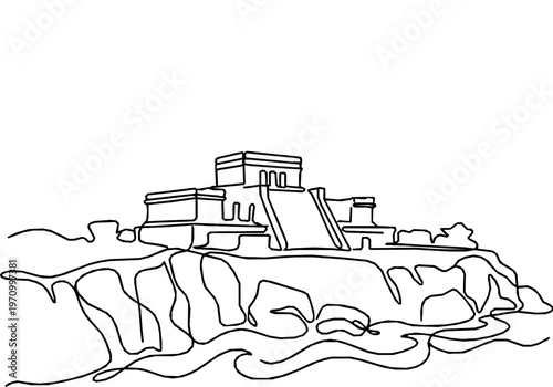Tulum Mayan Ruins El Castillo Monoline Landscape Background