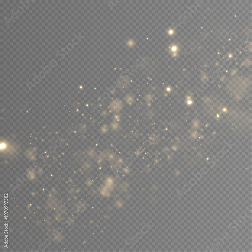 Yellow sparkling dust glows in night darkness, blending shimmer, sparkle, glitter bokeh. Twinkle particle, stardust highlights flare while sparks, glare, lens flare, magical PNG vector illustration.