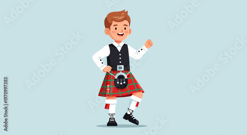 Young boy in traditional Scottish kilt and vest dancing