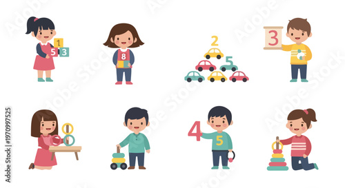 A collection of cute vector characters featuring young children engaged in playful learning activities with educational toys and numbers.