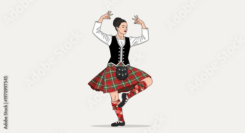 Highland Dancer Woman in Kilt Performing Traditional Scottish Dance