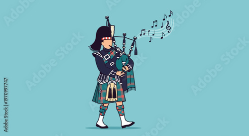 Scottish bagpiper playing music with notes flying out
