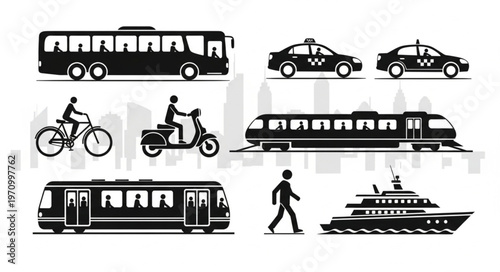 Collection of Silhouetted Urban Transportation and Vehicles.