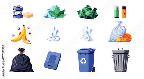 Diverse waste items and recycling bins for proper disposal methods