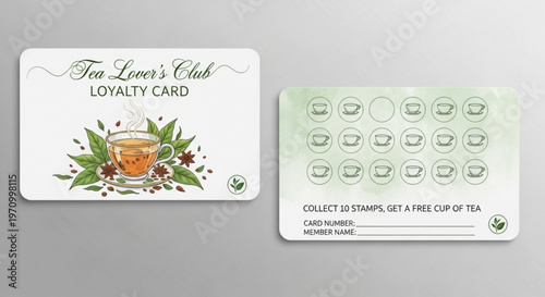 Tea loyalty card, vector stamp set, Tea Lovers Club rewards, green leaf design