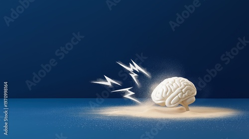 Concept of a white human brain with lightning effects on a blue background showcasing mental activity and thought processes in a creative setting