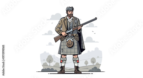 Scottish Highlander Man with Rifle in Traditional Kilt and Tartan