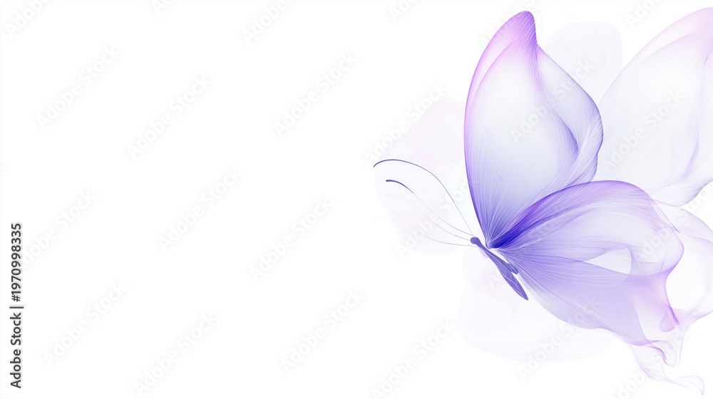 Obraz premium Purple butterfly floats on a white background with soft, smooth edges and delicate lines for visual appeal