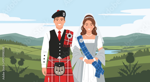Scottish Wedding Couple in Traditional Attire with Highland Landscape