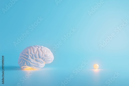 White brain model with a small glowing sphere on a blue background during daylight