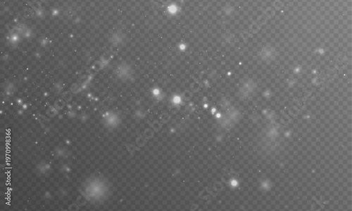 White snow dust radiant light, sparkle, shimmer, glitter bokeh. Twinkle particle stardust highlights flare. Magical festive sparks with snowflakes, glare, lens flare PNG vector winter illustration.