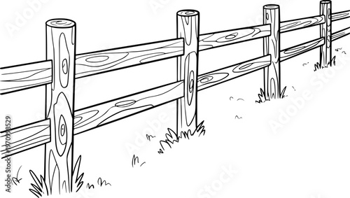 Rustic Wooden Fence Line with Grass Detail White Background rural boundary
