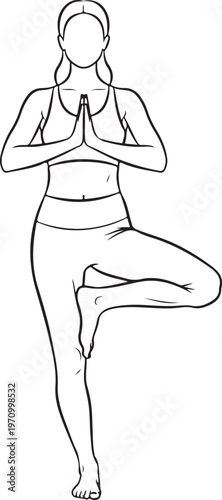 Yoga tree pose balanced line art vector