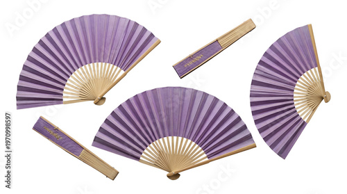 Photography Arrangement of beautiful purple traditional folding fans in various open positions, symbolizing grace and tradition