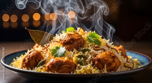 Chicken biryani Spicy Indian Hyderabadi biryani : Generative AI, chicken biryani spicy food, top view, chicken biryani, spicy food photography, with flying food effect
