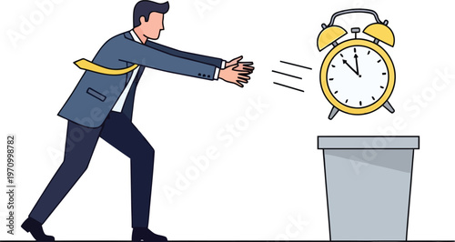 Businessman Throwing Alarm Clock into Trash Bin Representing Waste of Time and Procrastination Concept