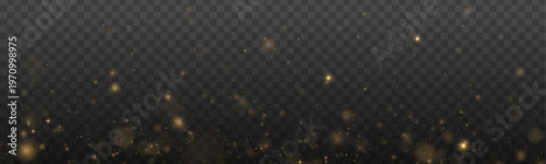 Yellow dust glimmers with sparkle, shimmer, glitter radiant light. Twinkle particles, stardust, highlights flare while sparks, lens flare, glare, magical festive glow PNG vector illustration. 