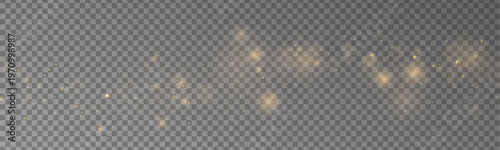 Yellow dust glimmers with sparkle, shimmer, glitter radiant light. Twinkle particles, stardust, highlights flare while sparks, lens flare, glare, magical festive glow PNG vector illustration. 