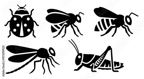 Diverse Insect Silhouettes Set: Ladybug, Bee, Wasp, Dragonfly, Grasshopper Icons