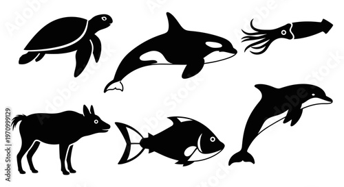 Diverse Wild Animal Silhouettes: Marine Life and Land Mammal Icons Set