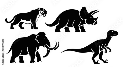 Extinct Prehistoric Animals Silhouettes: Mammoth, Sabertooth, Triceratops, Velociraptor