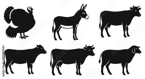 Domestic Farm Animals Silhouettes Collection: Turkey, Donkey, Cow, Sheep