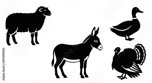Farm Animal Silhouettes Collection - Sheep, Donkey, Duck, and Turkey Icons