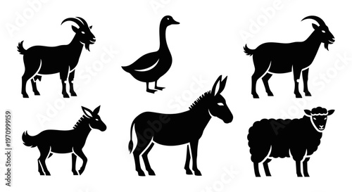 Farm Animal Silhouettes Collection: Goat, Goose, Donkey, Sheep, and Foal Icons