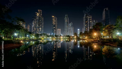 Night view of city skyline reflecting on serene lake