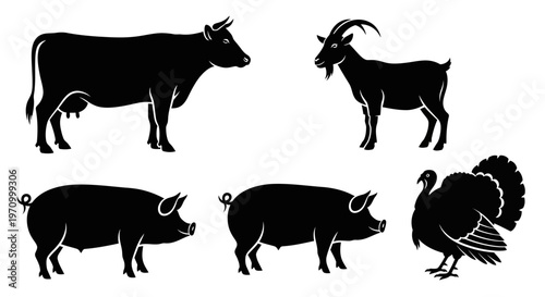 Farm Animals Silhouettes: Cow, Goat, Pigs, and Turkey Livestock Icons