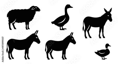 Farm Animals Silhouettes Collection: Sheep, Donkeys, and Ducks Vector Icons