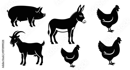 Farm Animals Silhouettes Icons Set - Pig, Donkey, Goat, Chickens