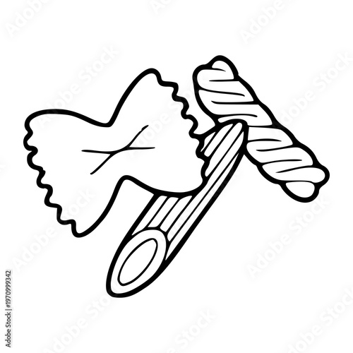 assorted italian pasta types outline illustration: farfalle, penne, and fusili