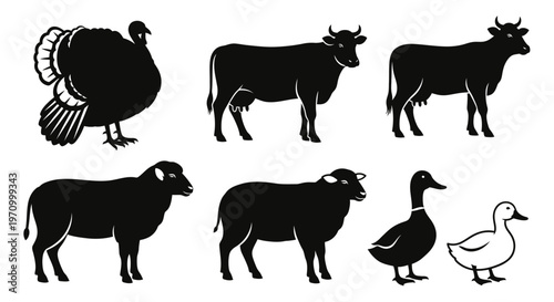 Farm Animals Silhouettes Collection: Turkey, Cows, Sheep, and Ducks