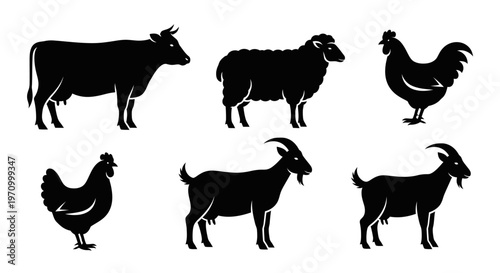 Farm Animals Silhouettes Set - Cow, Sheep, Chicken, Rooster, Goat Livestock Icons