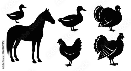 Farm Animals Silhouettes Set - Horse, Ducks, Chickens, and Turkeys Icons