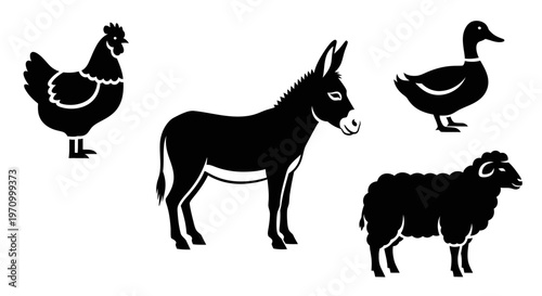 Farm Animals Silhouettes Set: Chicken, Donkey, Duck, and Sheep Icons