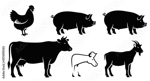 Farm Animals Silhouettes Set: Chicken, Pig, Cow, Calf, and Goat Vector Icons