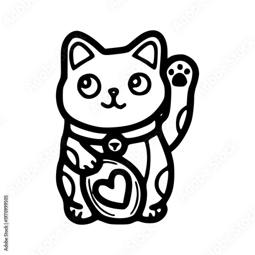 cute kawaii maneki neko lucky cat line art illustration with heart detail