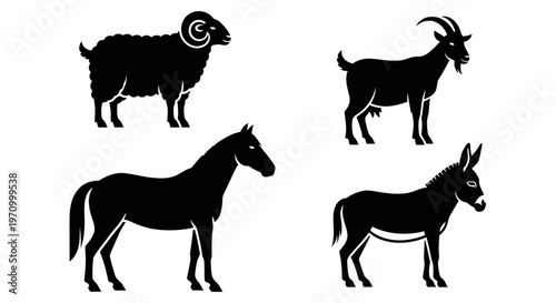Farm Animals Silhouettes Set: Ram, Goat, Horse, Donkey Vector Icons