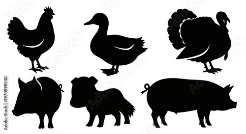 Farm Animals Silhouettes Set: Rooster, Duck, Turkey, Pig, and Dog Icons