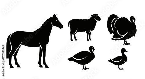 Farm Animals Silhouettes Set Isolated on White Background