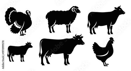 Farm Animals Silhouettes Set: Turkey, Sheep, Cow, Calf, and Chicken Icons