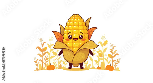 Happy cartoon corn character standing in an autumn field
